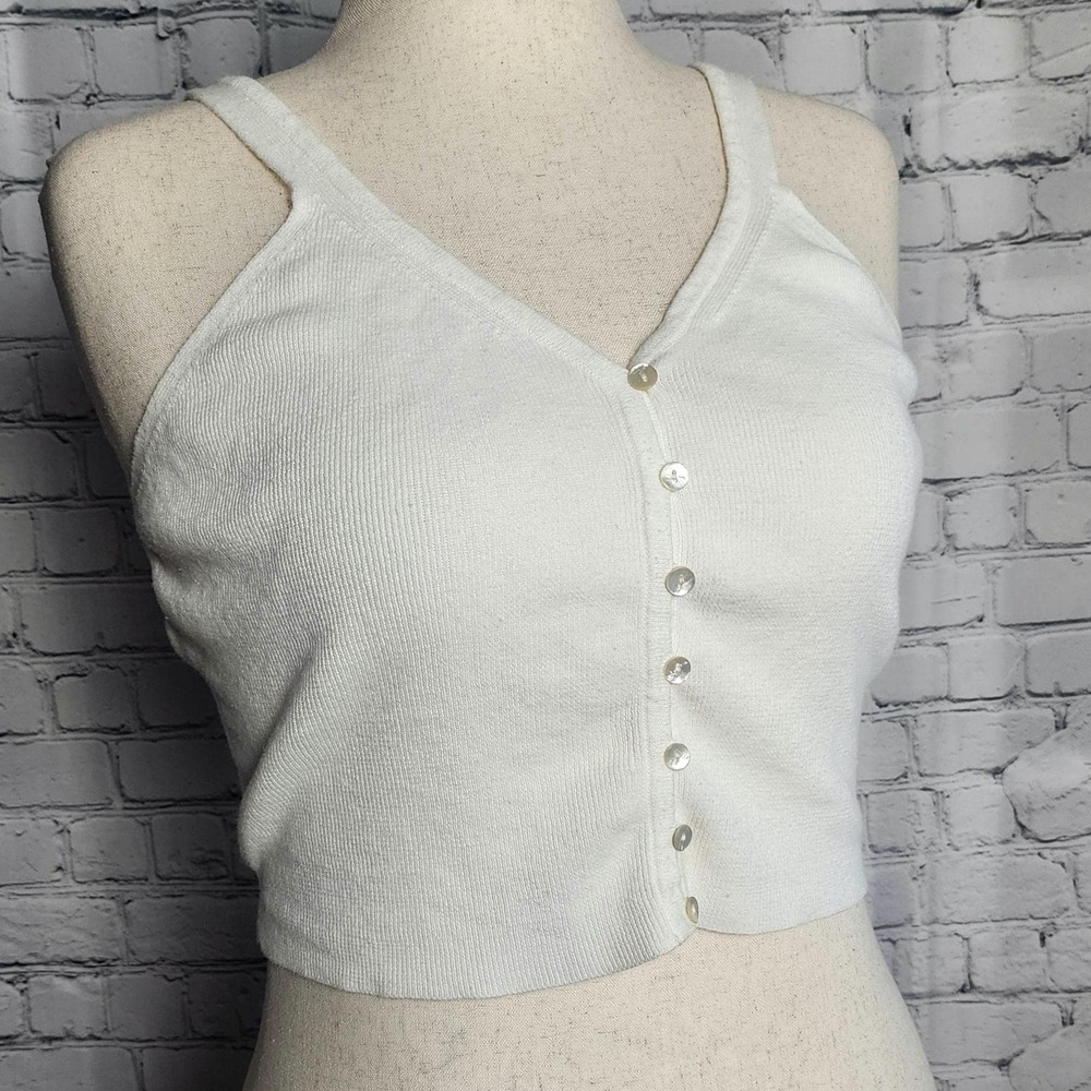 L off white layerable basic cotton blend button up cropped tank, ribbed